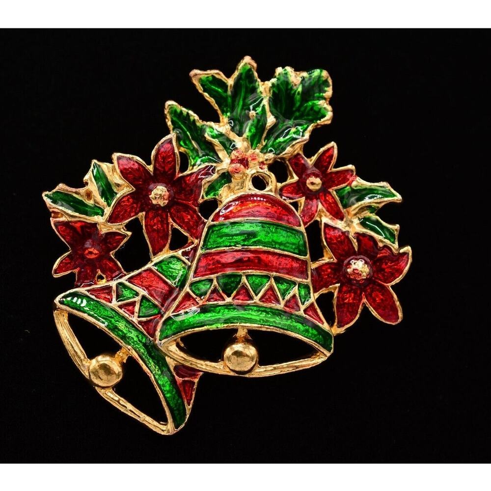 Vintage Christmas Bell Pin Brooch Holiday Red Green Enamel Gold 80s 1980s BinAH